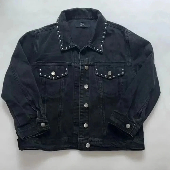 Forever 21 Women's Black Studded Denim Jacket Size L Casual - Picture 1 of 9